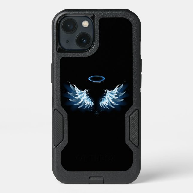 Blue Glowing Angel Wings on black background Otterbox iPhone Case (Back)