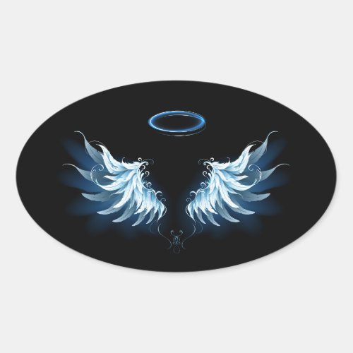 Blue Glowing Angel Wings on black background Oval Sticker