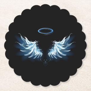 Blue Glowing Angel Wings on black background Paper Coaster