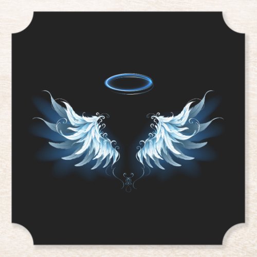Blue Glowing Angel Wings on black background Paper Coaster
