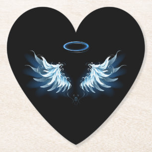 Blue Glowing Angel Wings on black background Paper Coaster