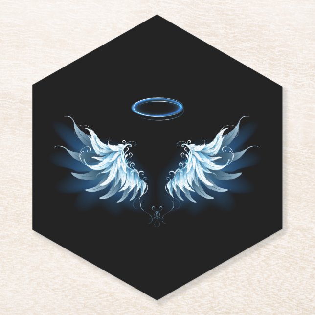 Blue Glowing Angel Wings on black background Paper Coaster (Front)