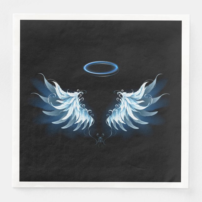 Blue Glowing Angel Wings on black background Paper Dinner Napkins (Front)