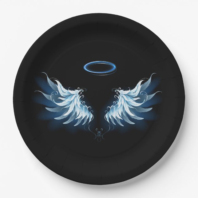 Blue Glowing Angel Wings on black background Paper Plates (Front)