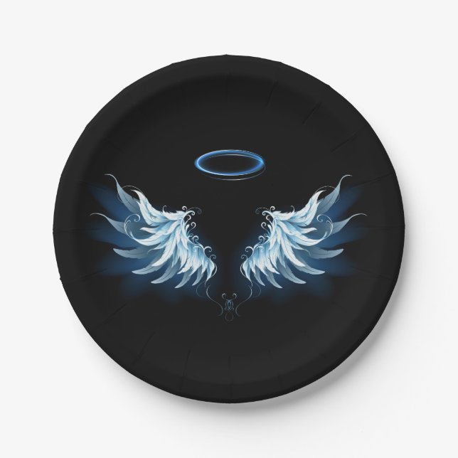 Blue Glowing Angel Wings on black background Paper Plates (Front)