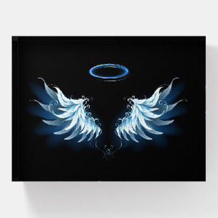 Blue Glowing Angel Wings on black background Paperweight
