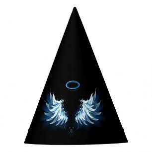 Blue Glowing Angel Wings on black background Party Hat