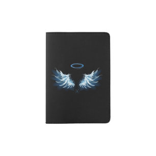 Blue Glowing Angel Wings on black background Passport Holder