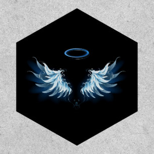 Blue Glowing Angel Wings on black background Patch