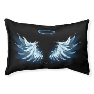 Blue Glowing Angel Wings on black background Pet Bed