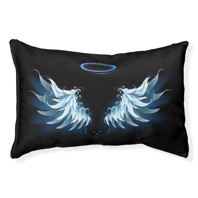 Blue Glowing Angel Wings on black background Pet Bed (Front)