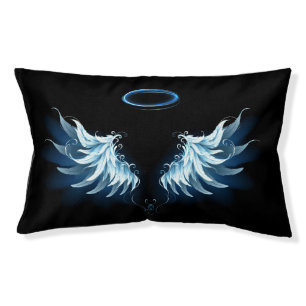 Blue Glowing Angel Wings on black background Pet Bed