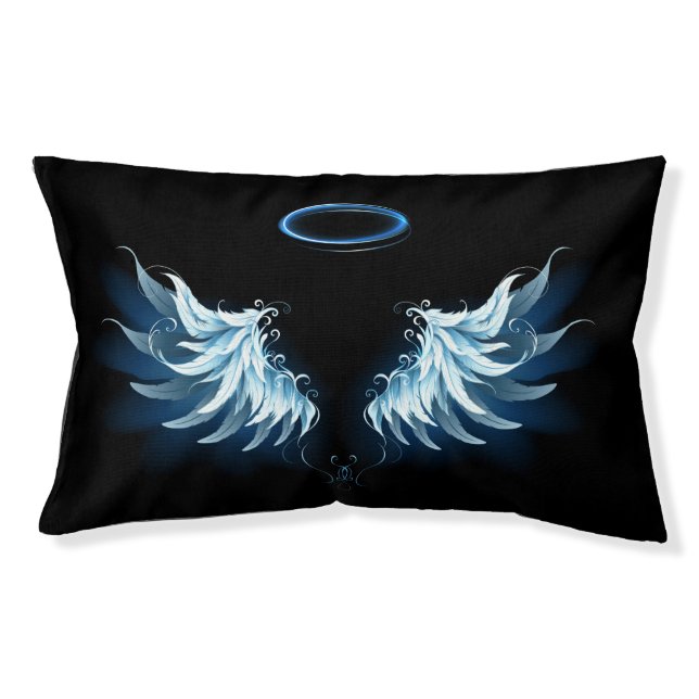 Blue Glowing Angel Wings on black background Pet Bed (Front)