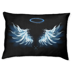 Blue Glowing Angel Wings on black background Pet Bed