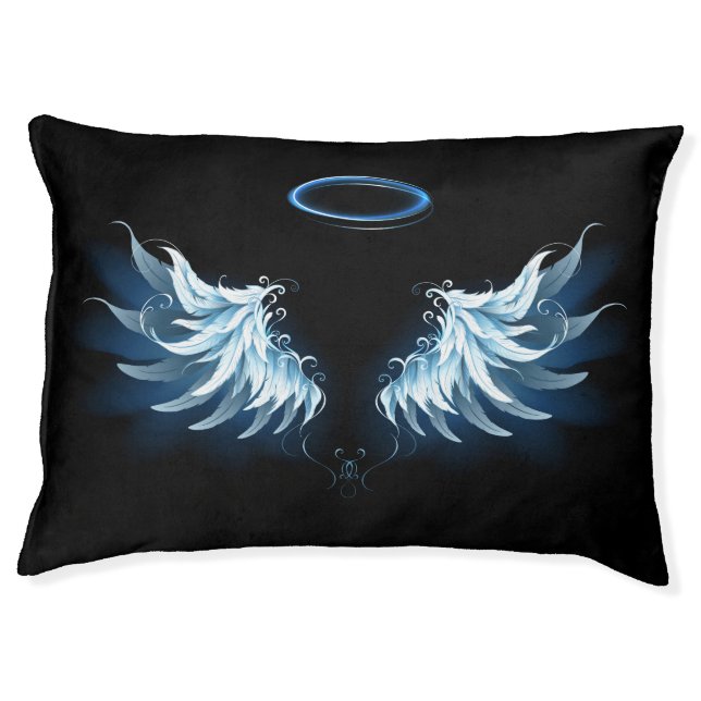 Blue Glowing Angel Wings on black background Pet Bed (Front)