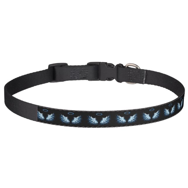 Blue Glowing Angel Wings on black background Pet Collar (Front)