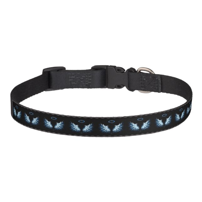 Blue Glowing Angel Wings on black background Pet Collar (Front)