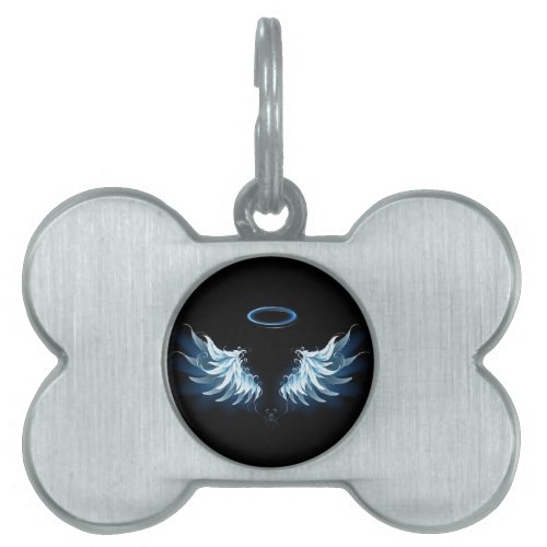 Blue Glowing Angel Wings on black background Pet ID Tag