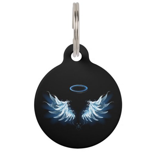 Blue Glowing Angel Wings on black background Pet ID Tag