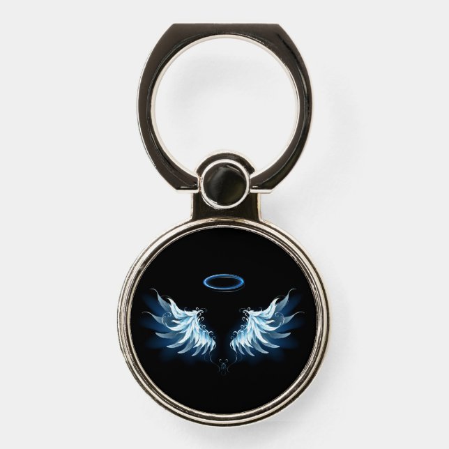 Blue Glowing Angel Wings on black background Phone Ring Stand (Front)
