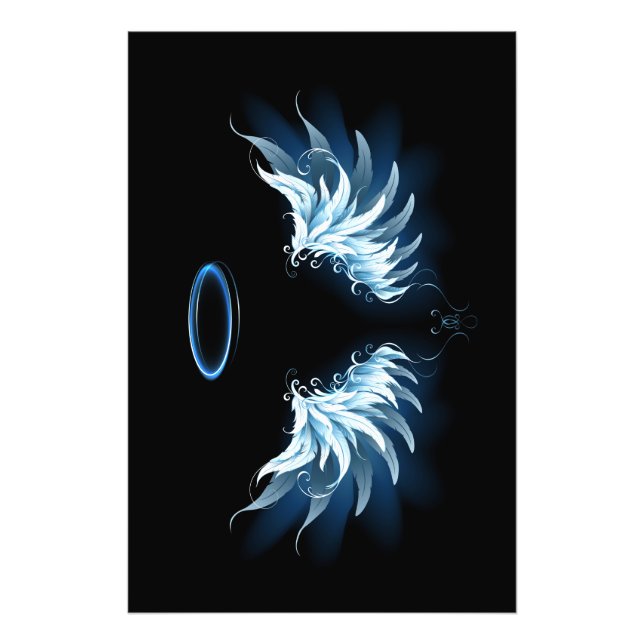 Blue Glowing Angel Wings on black background Photo Print (Front)