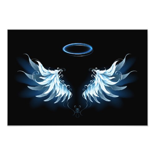 Blue Glowing Angel Wings on black background Photo Print
