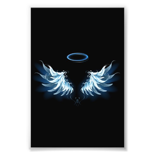 Blue Glowing Angel Wings on black background Photo Print (Front)