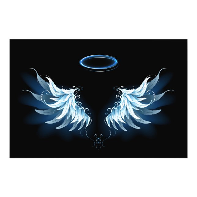 Blue Glowing Angel Wings on black background Photo Print (Front)