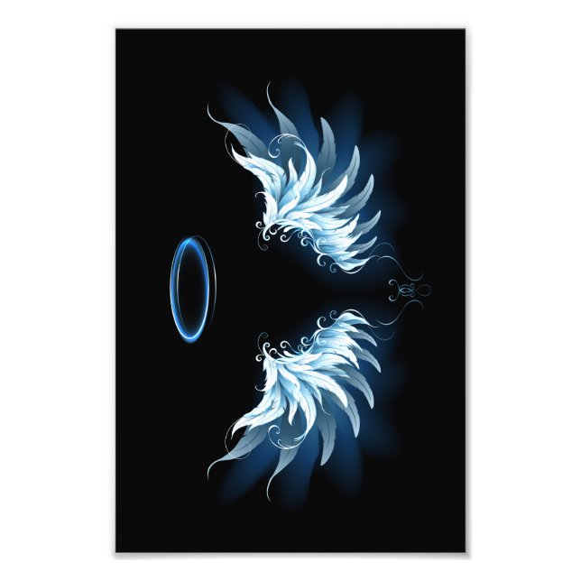 Blue Glowing Angel Wings on black background Photo Print (Front)