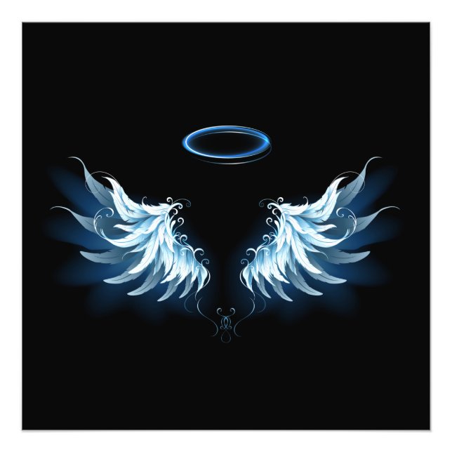 Blue Glowing Angel Wings on black background Photo Print (Front)