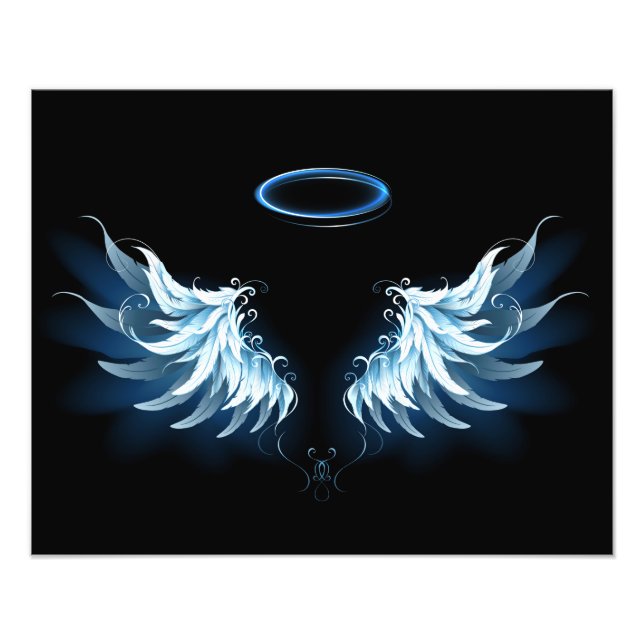 Blue Glowing Angel Wings on black background Photo Print (Front)