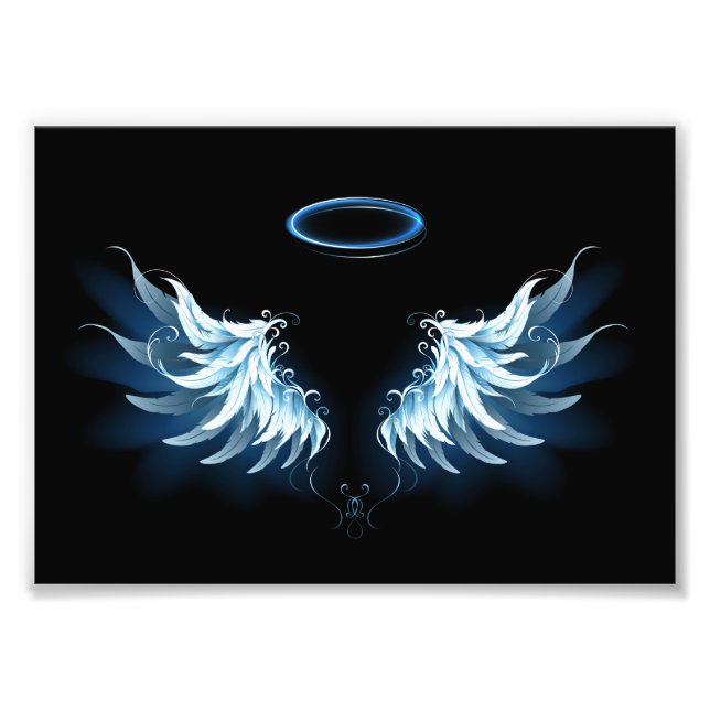 Blue Glowing Angel Wings on black background Photo Print (Front)