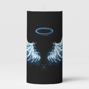 Blue Glowing Angel Wings on black background Pillar Candle