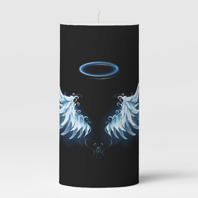 Blue Glowing Angel Wings on black background Pillar Candle (Front)