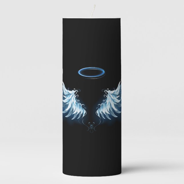 Blue Glowing Angel Wings on black background Pillar Candle (Front)