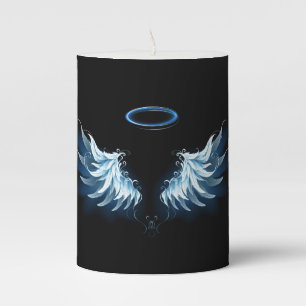 Blue Glowing Angel Wings on black background Pillar Candle