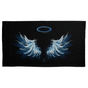 Blue Glowing Angel Wings on black background Pillow Case