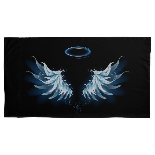 Blue Glowing Angel Wings on black background Pillow Case (Front-Left)