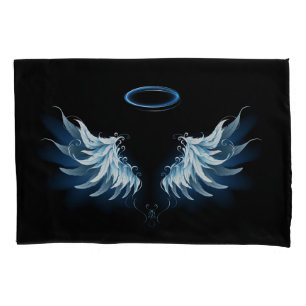 Blue Glowing Angel Wings on black background Pillow Case