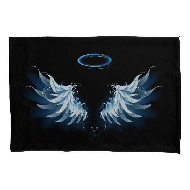 Blue Glowing Angel Wings on black background Pillow Case (Front-Left)