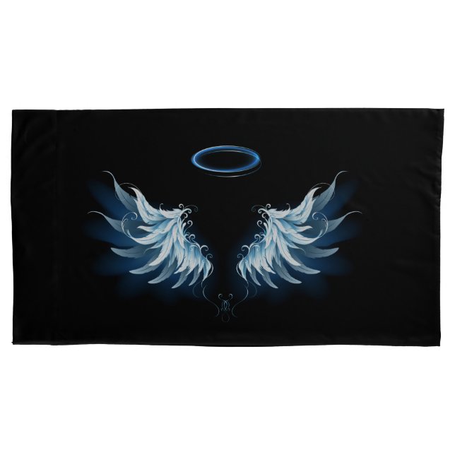 Blue Glowing Angel Wings on black background Pillow Case (Front)