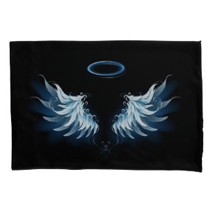Blue Glowing Angel Wings on black background Pillow Case