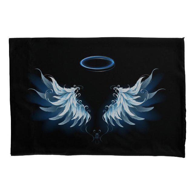 Blue Glowing Angel Wings on black background Pillow Case (Front)