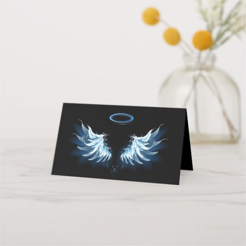 Blue Glowing Angel Wings on black background Place Card