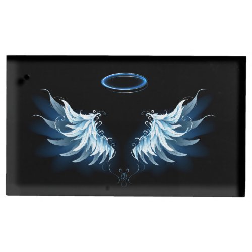 Blue Glowing Angel Wings on black background Place Card Holder