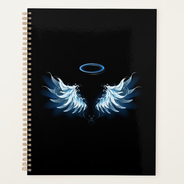 Blue Glowing Angel Wings on black background Planner (Front)