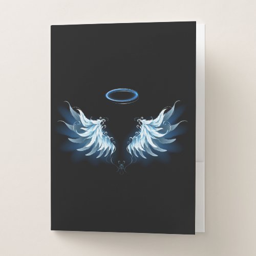 Blue Glowing Angel Wings on black background Pocket Folder