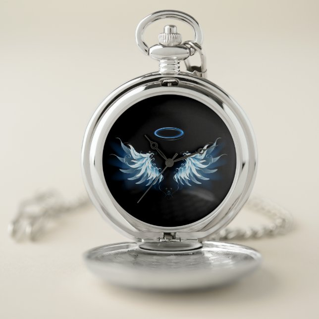 Blue Glowing Angel Wings on black background Pocket Watch (Inside)