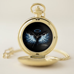 Blue Glowing Angel Wings on black background Pocket Watch