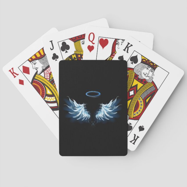 Blue Glowing Angel Wings on black background Poker Cards (Back)